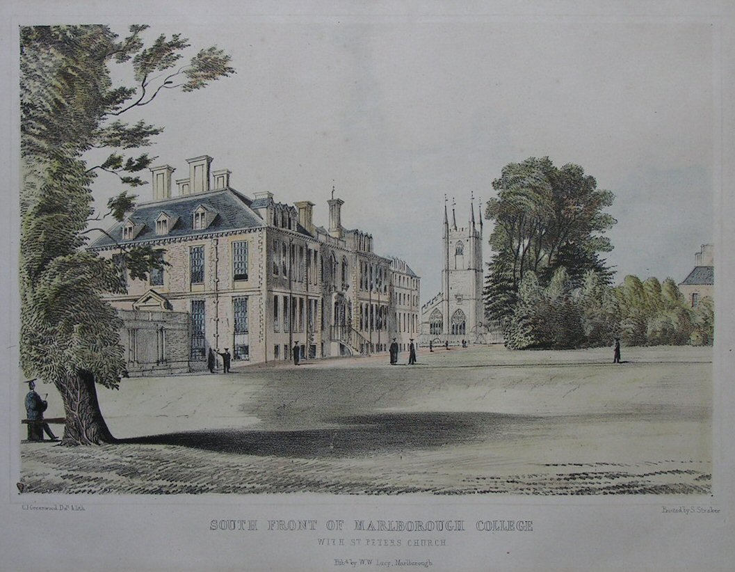 Lithograph - South Front of Marlborough College with St. Peters Church - Greenwood